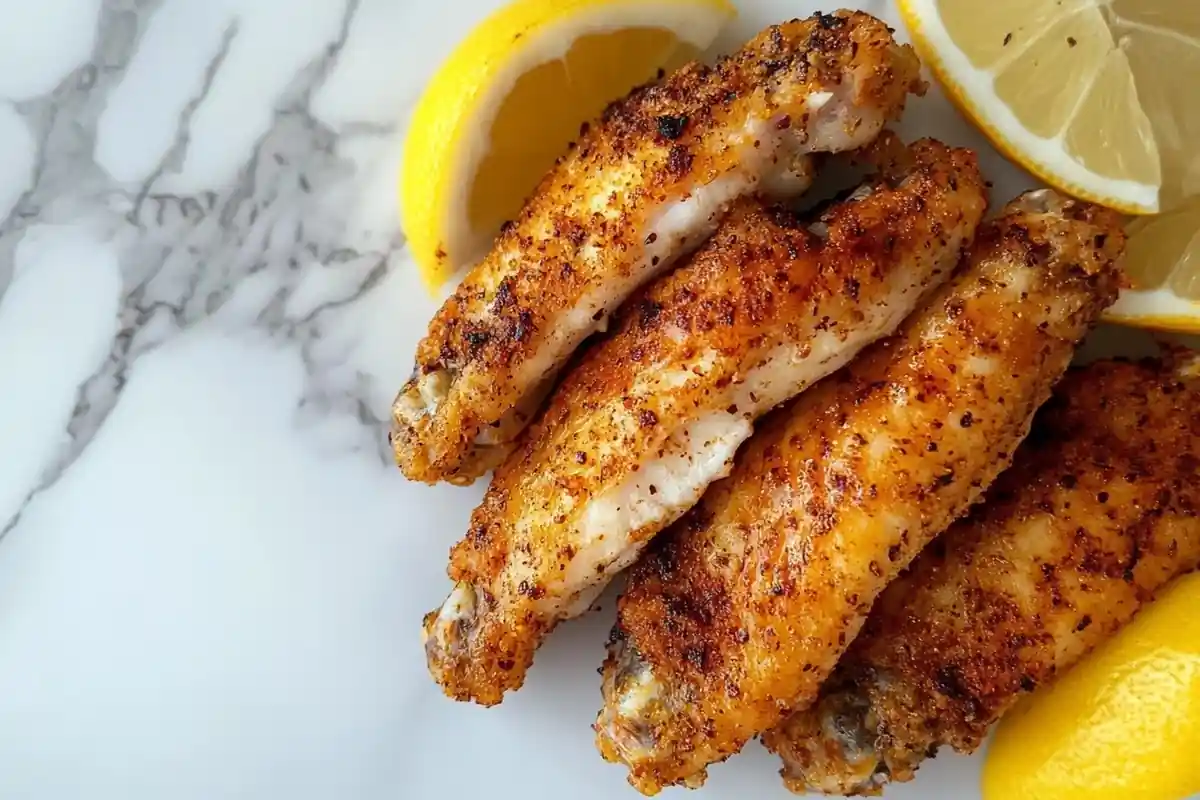 Top-down view of crispy air fryer lemon pepper wings on a marble surface.