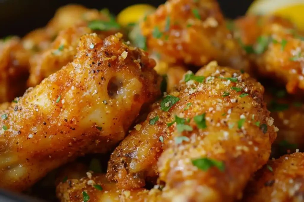 Lemon pepper wings being cooked in the air fryer, crisping up and turning golden brown.