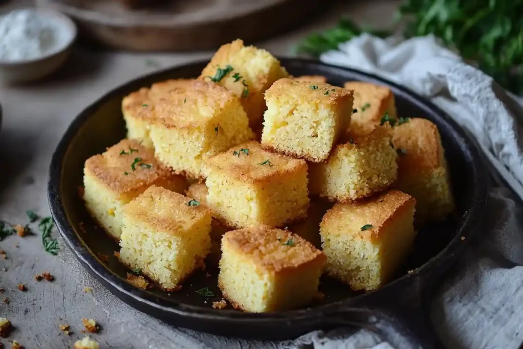 Savory Southern cornbread in a cast-iron skillet.