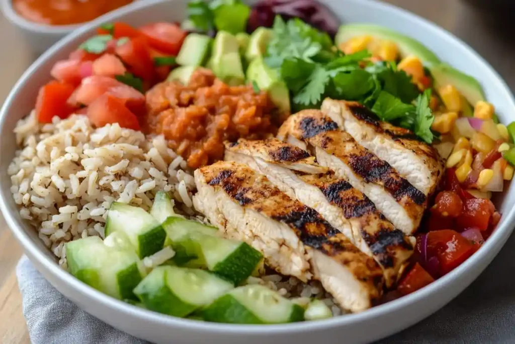 A balanced Chipotle bowl with chicken, veggies, and brown rice.