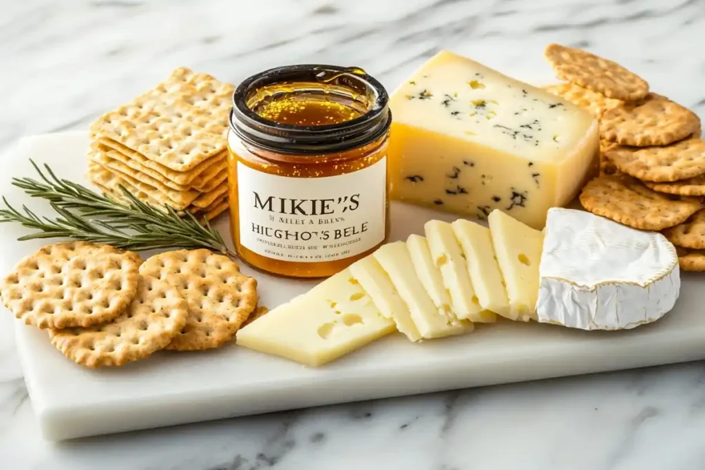 Cheese board with goat cheese, brie, and hot honey.