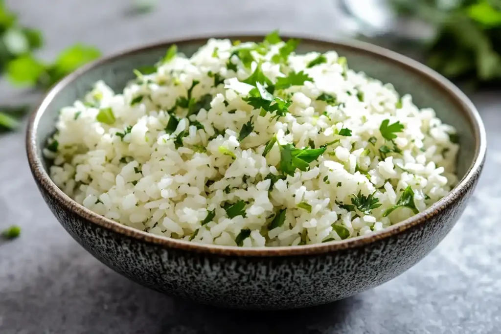 Steaming bowl of Chipotle cilantro-lime rice with oil.