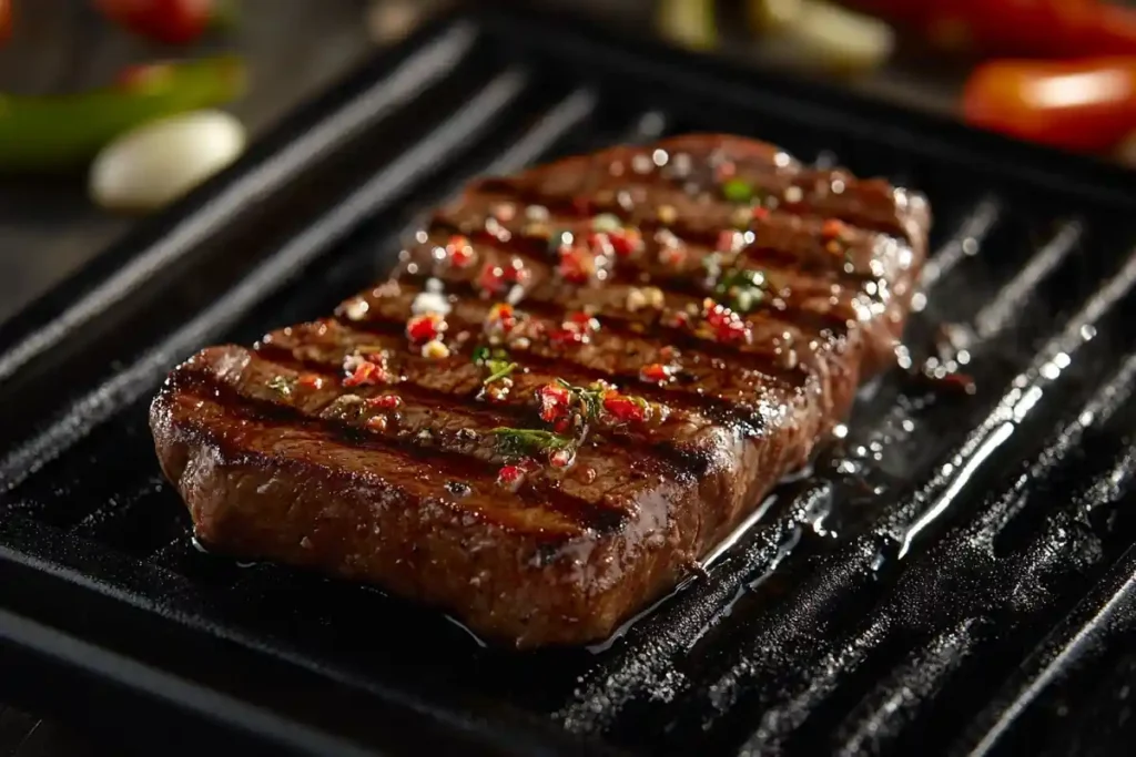 Sizzling Chipotle steak cooking in oil on a grill.