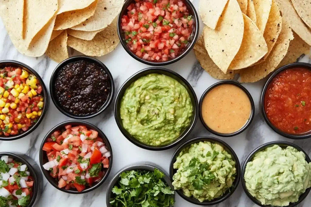 Chipotle salsas and toppings: pico, corn salsa, guacamole.