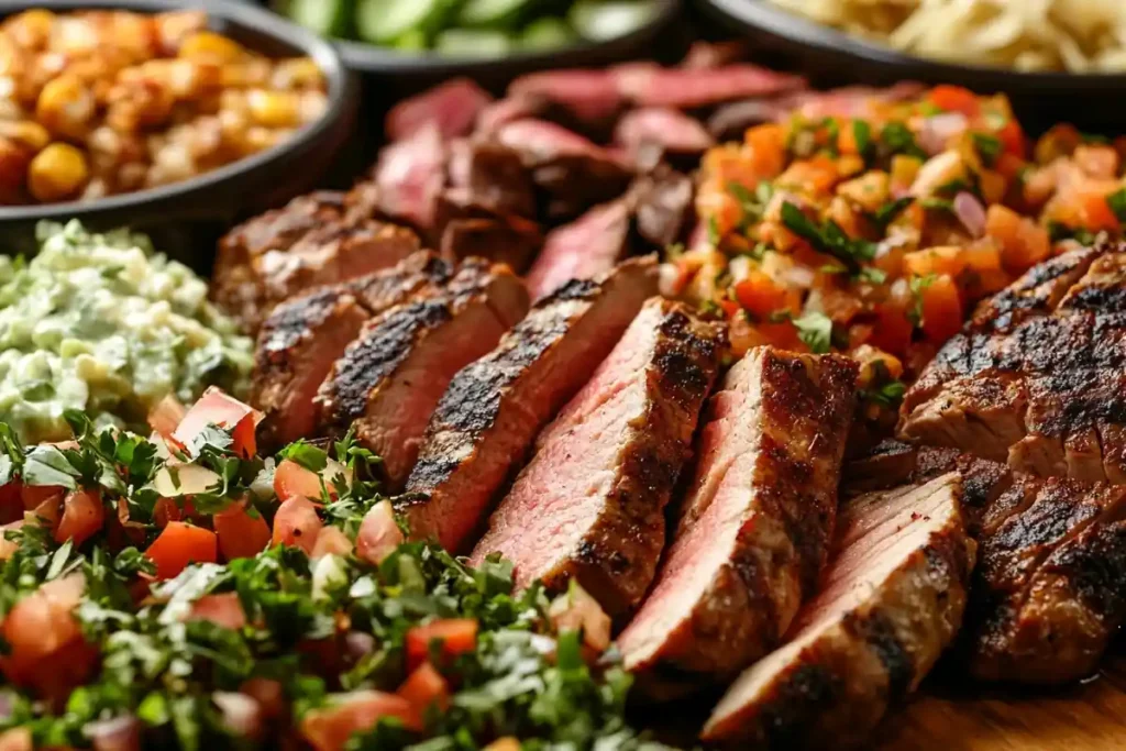 Variety of proteins at Chipotle: chicken, steak, barbacoa.