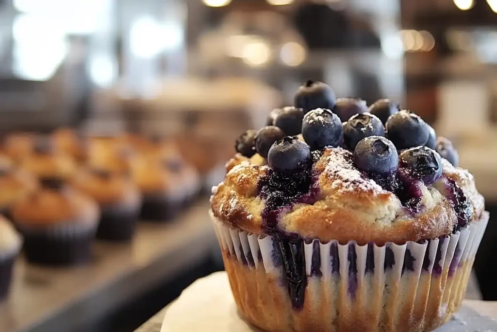 Close-up of a classic blueberry muffin, showing its texture and blueberries.