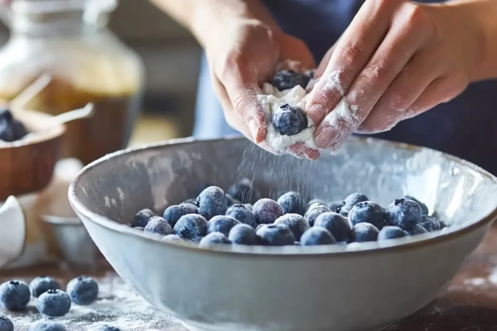 Tossing fresh blueberries with flour before adding them to muffin batter.