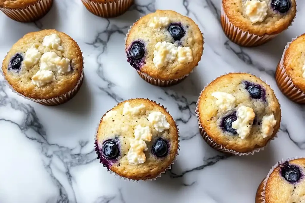 Delicious homemade cottage cheese blueberry muffins displayed on a marble surface.