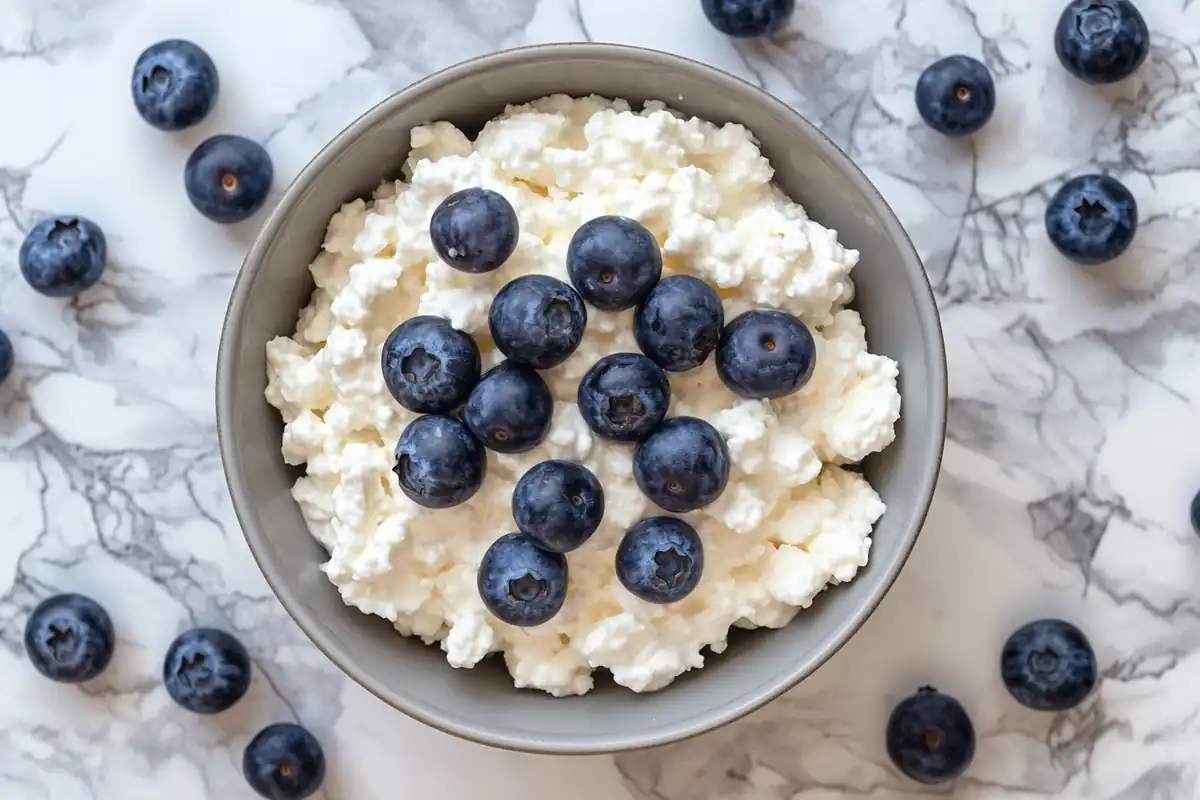 A bowl of cottage cheese and fresh blueberries on a marble surface, showing the healthy ingredients.