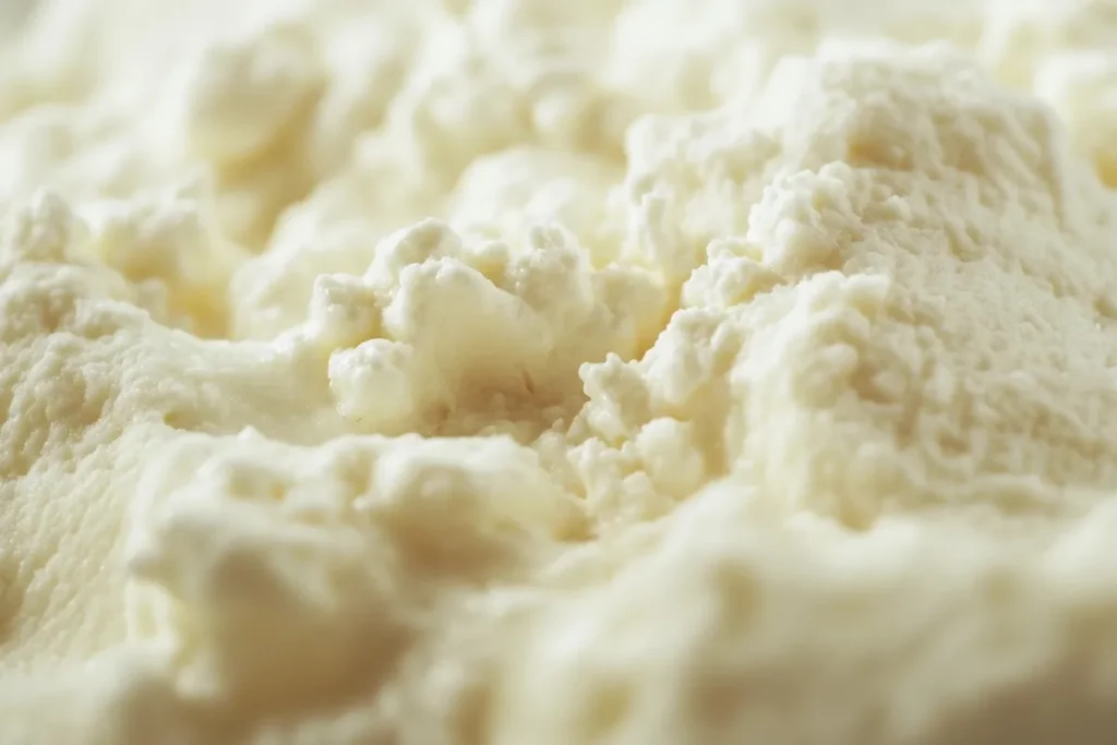 Close up of creamy cottage cheese, showing its texture and nutrients.