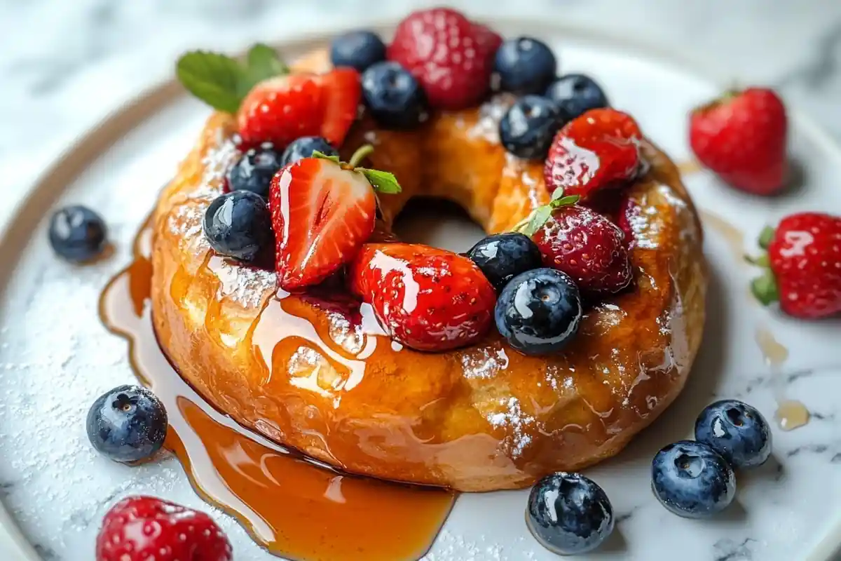 Irresistible french toast bagel with fresh berries and maple syrup, zoomed in for detail.