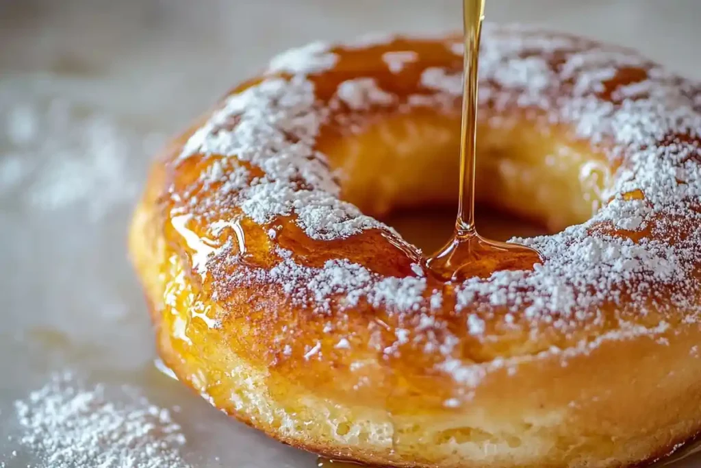 Dunkin' French toast bagel with maple syrup and powdered sugar.