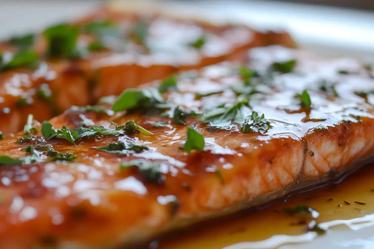 Honey glazed salmon fillet with fresh herbs, ready to eat.