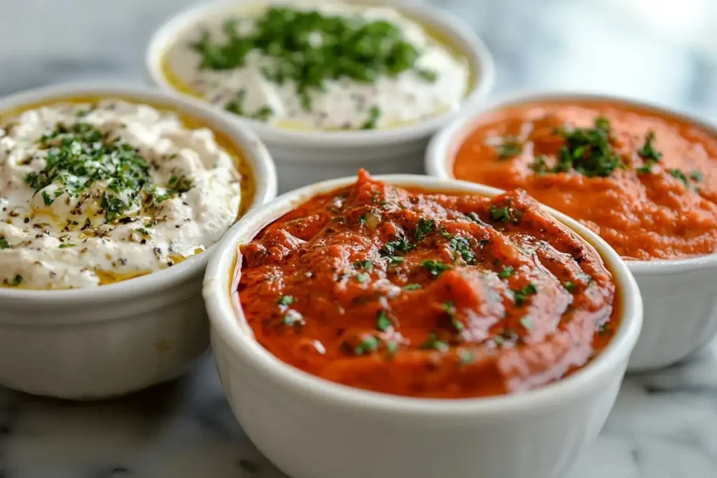 Assortment of dipping sauces for air fryer wings.