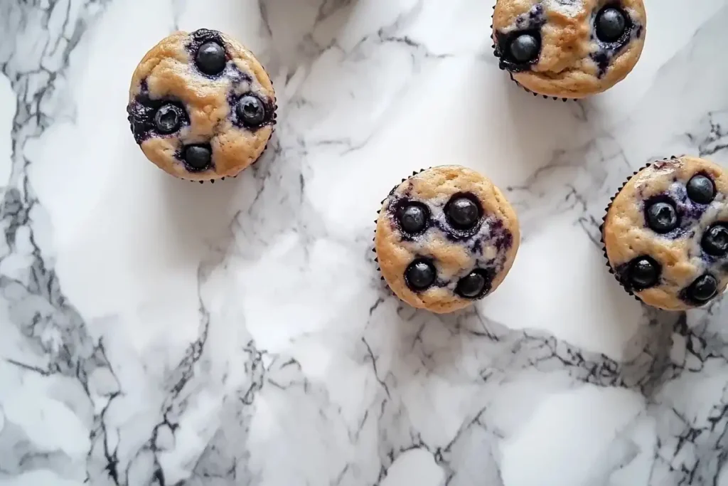 Perfectly baked blueberry muffins with blueberries evenly distributed on a marble surface.