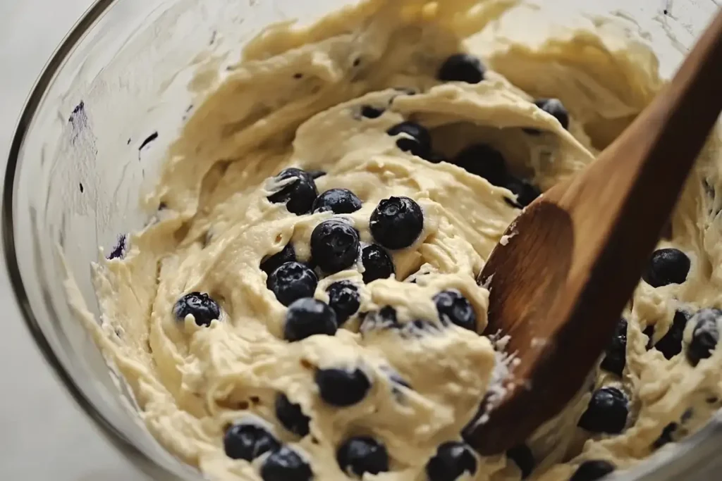 Gently folding blueberries into muffin batter for perfect results.