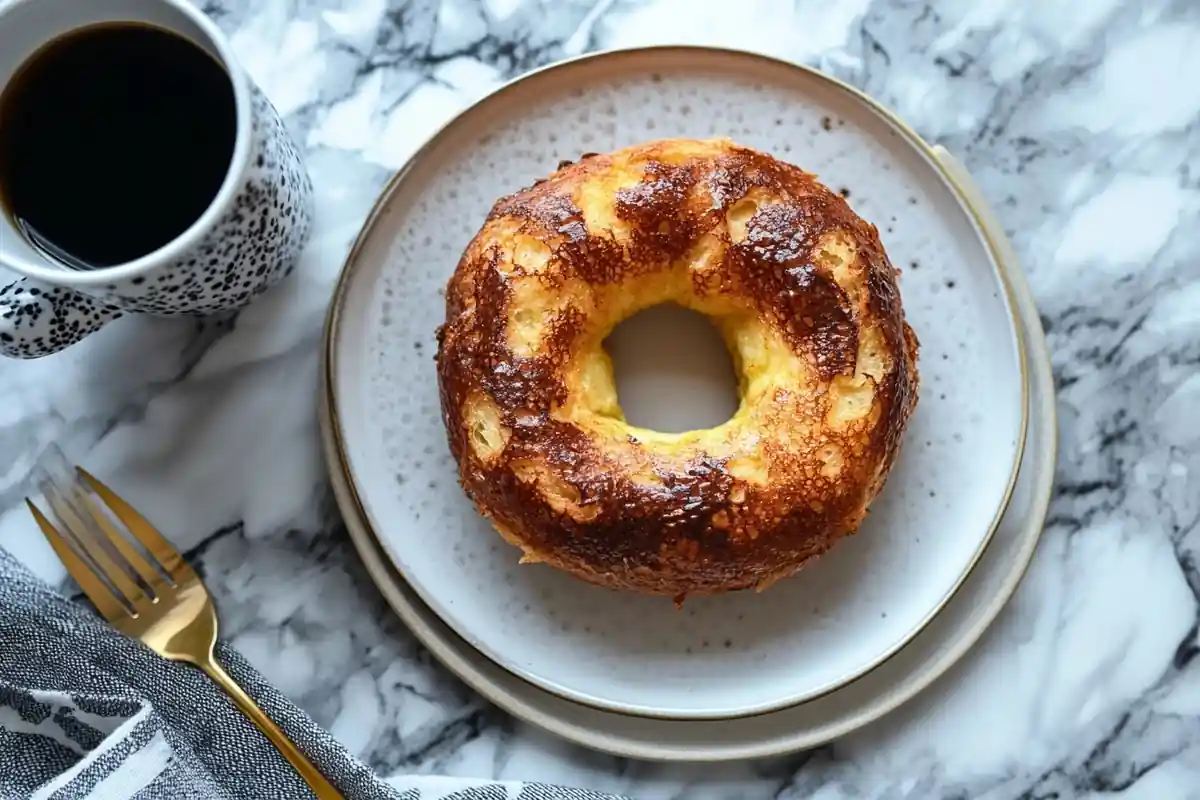 Delicious French Toast Bagel on a marble surface.