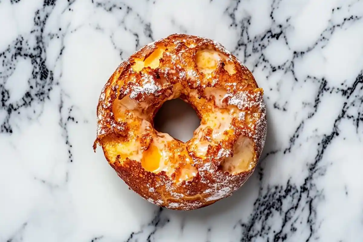 Delicious French toast bagel with assorted toppings on a marble surface.