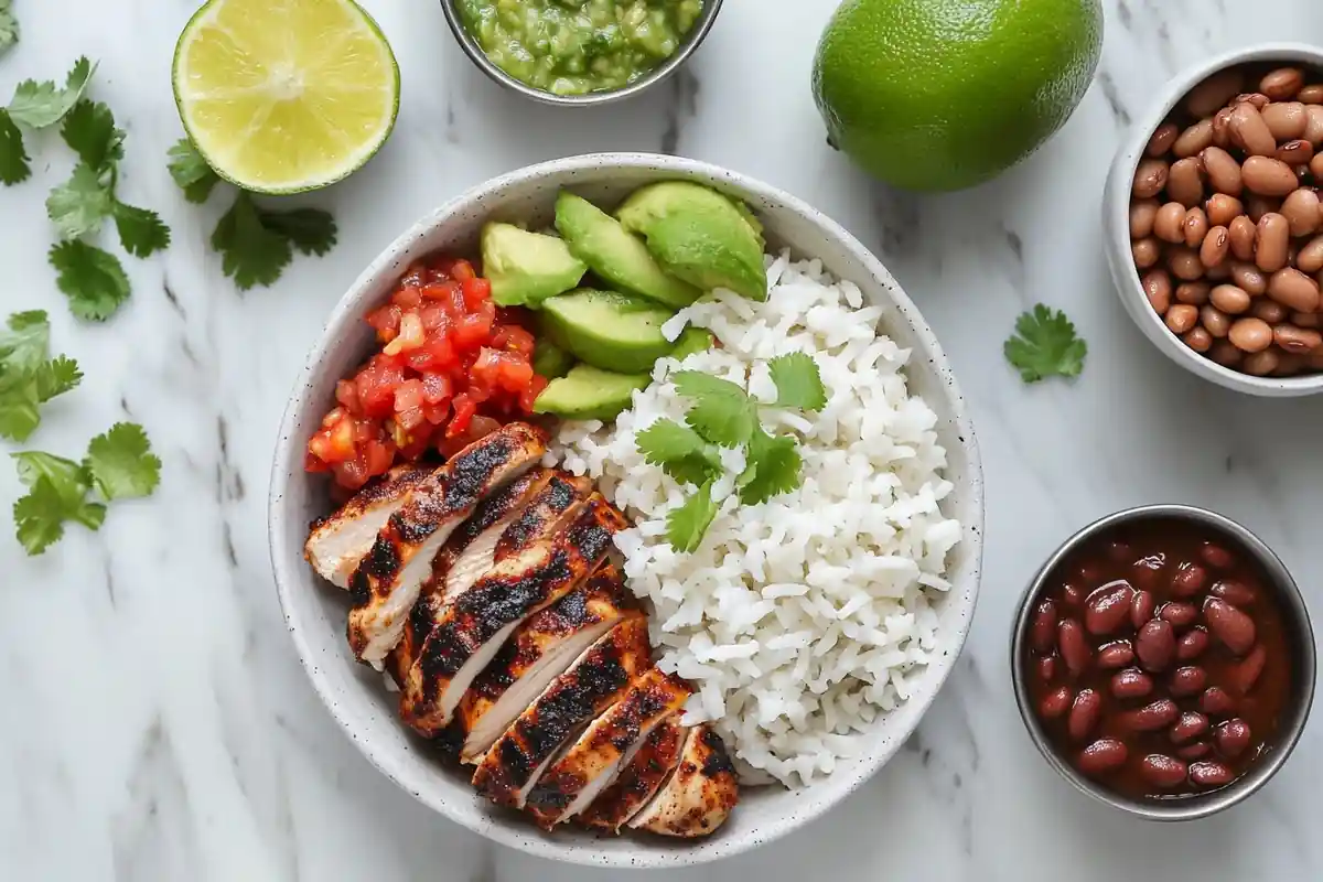 Chipotle bowl ingredients: chicken, rice, beans, salsa.