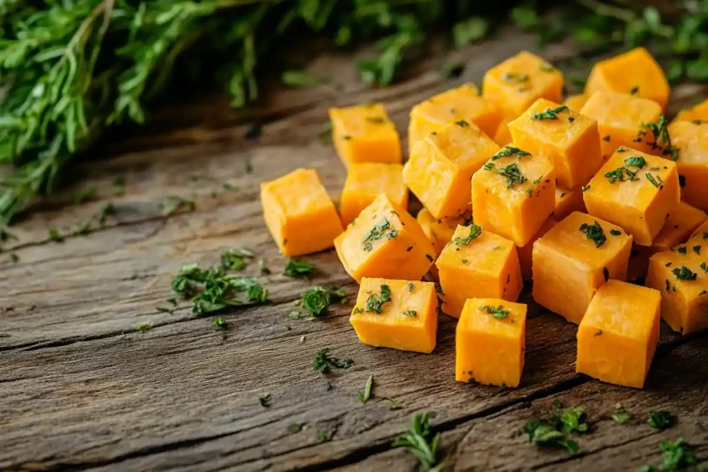 Baked sweet potato cubes with herbs.