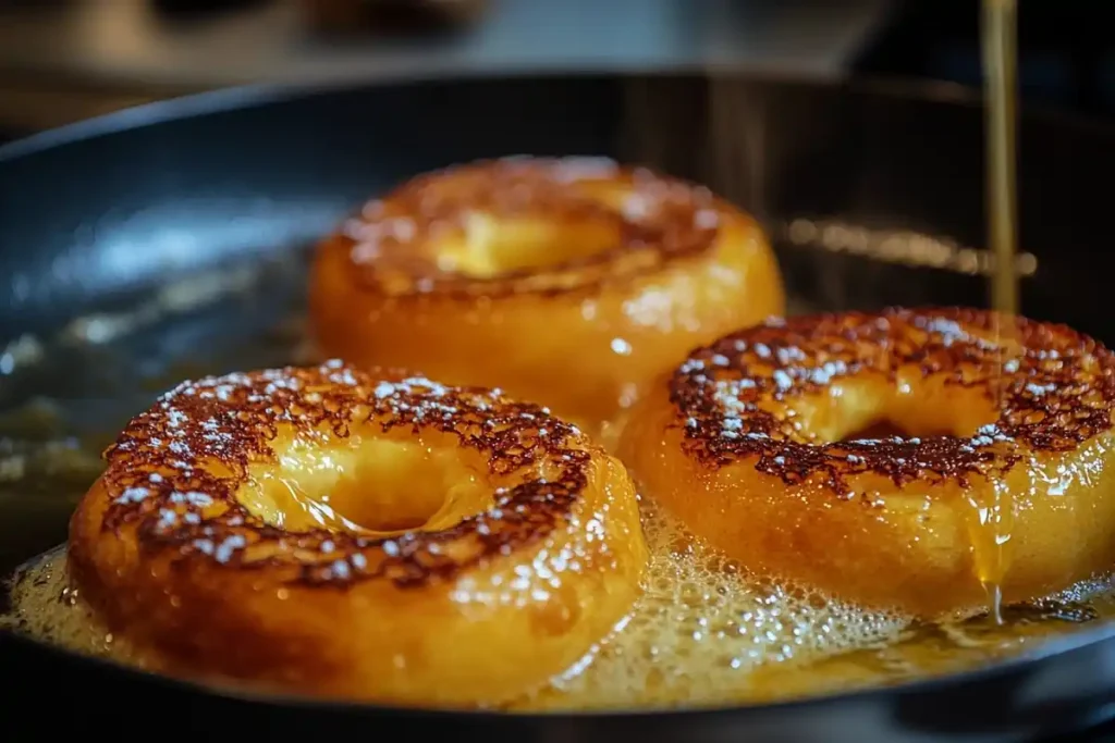 Making homemade French toast bagels.