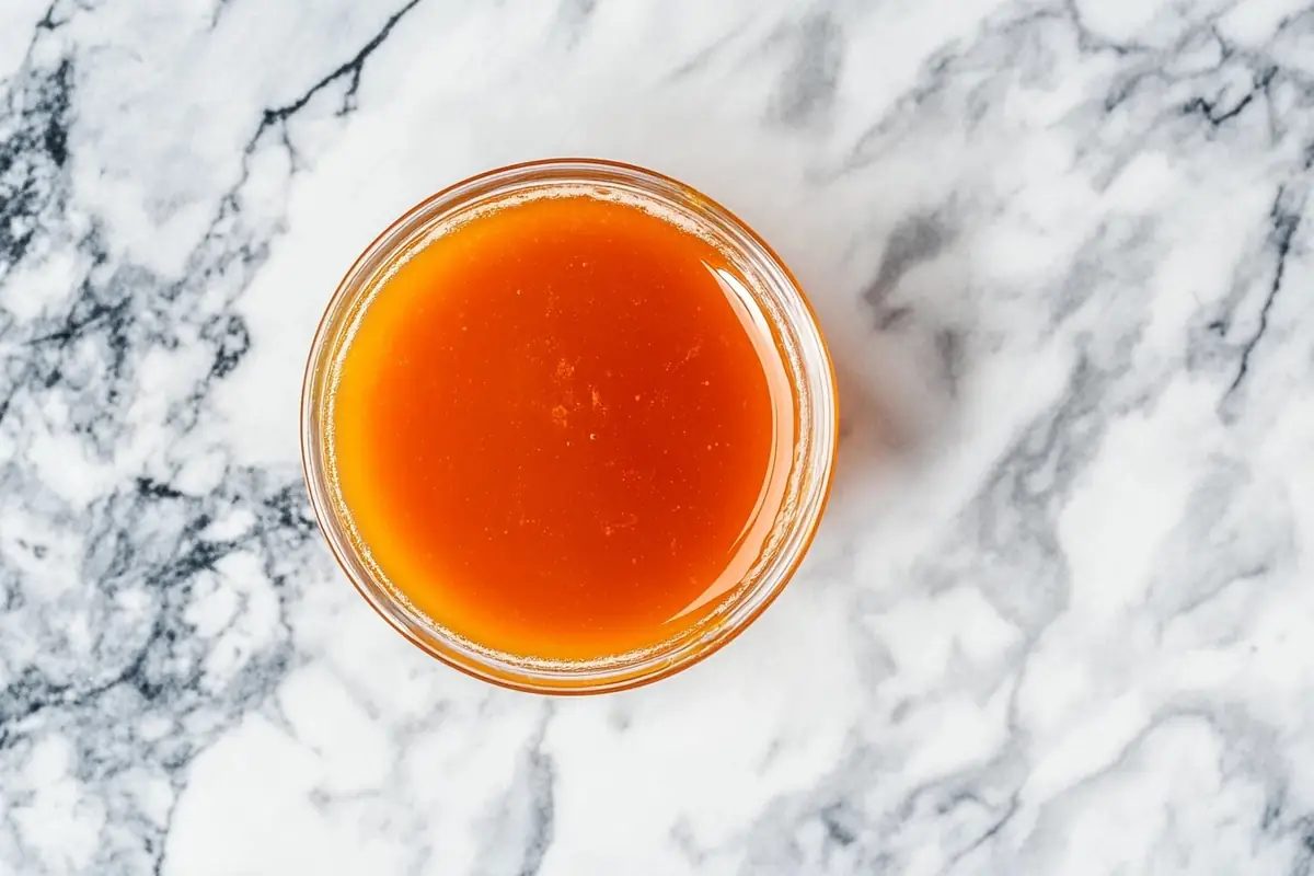 Delicious homemade honey hot sauce drizzled on marble.