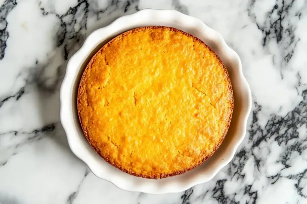 Sweet potato cornbread made with Jiffy mix on a marble surface.