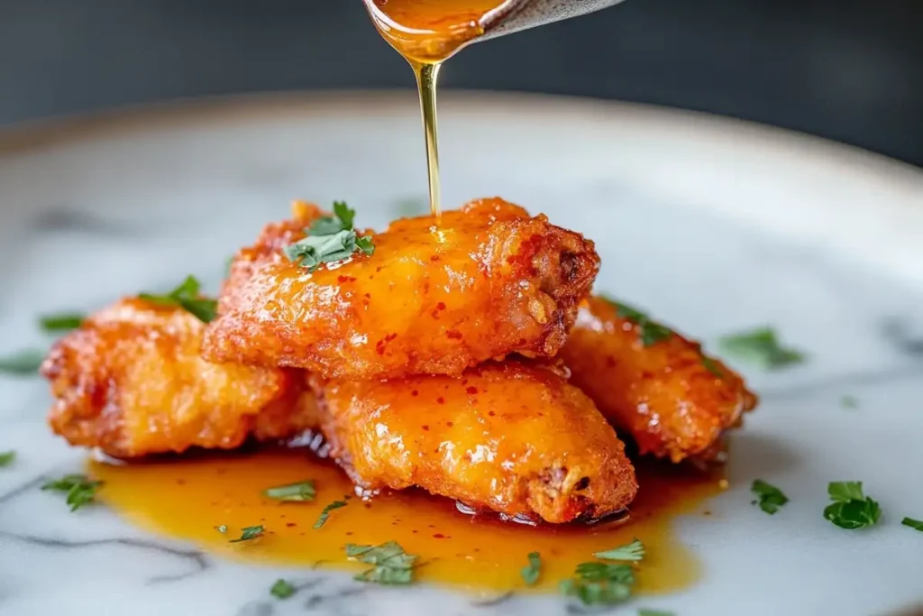 Honey hot sauce on chicken wing.