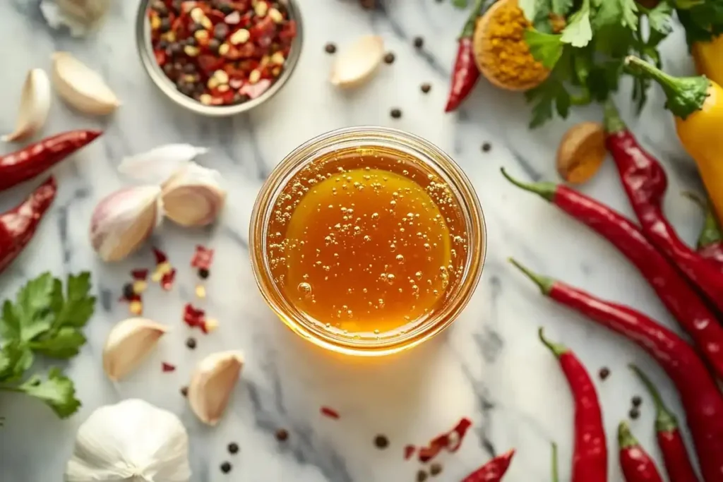 Elements of honey hot sauce: honey, peppers, garlic, spices.