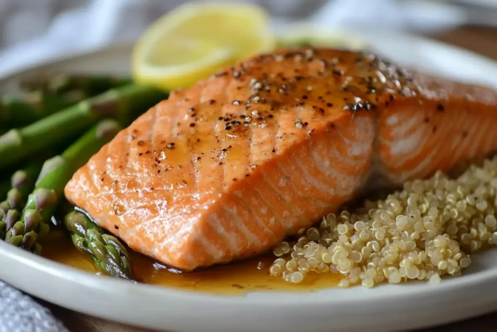 Honey salmon served with asparagus and quinoa for a healthy meal.