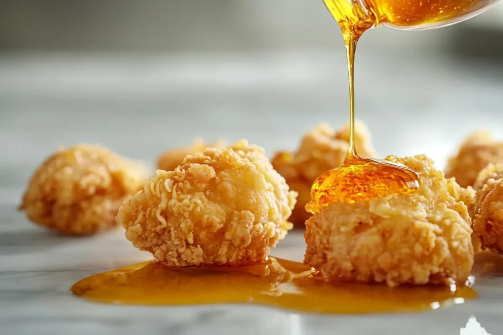 Hot honey being drizzled on crispy fried chicken.