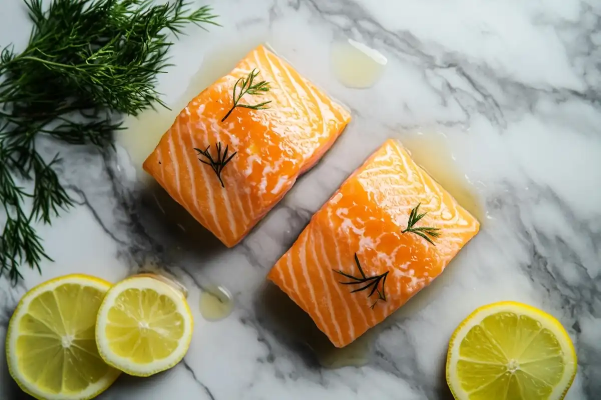 Delicious hot honey salmon on a marble background.