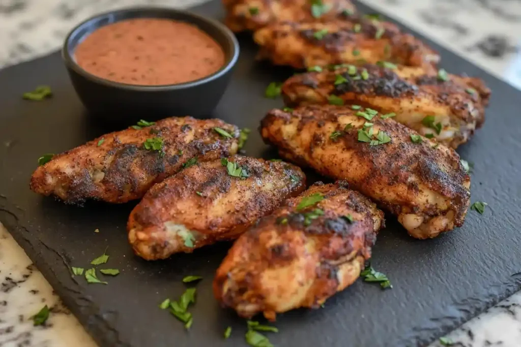 Low-carb air fryer chicken wings seasoned with Keto-friendly spices.