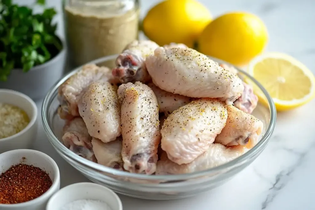 Ingredients for making air fryer lemon pepper wings, including chicken wings and lemon pepper.