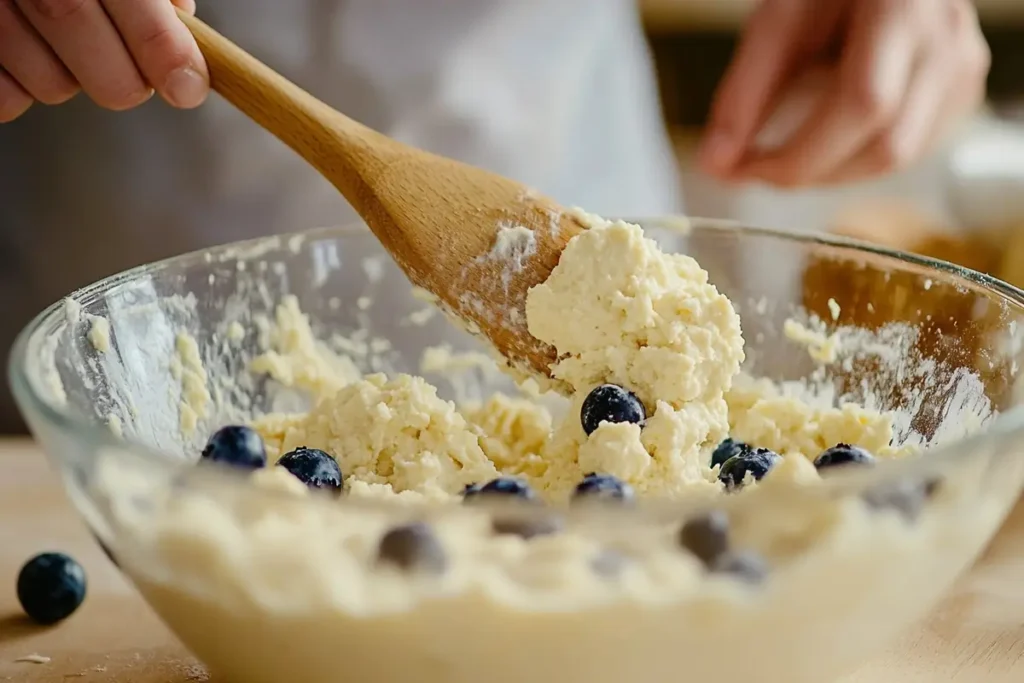 Mixing batter for homemade cottage cheese and blueberry muffins, featuring visible ingredients.