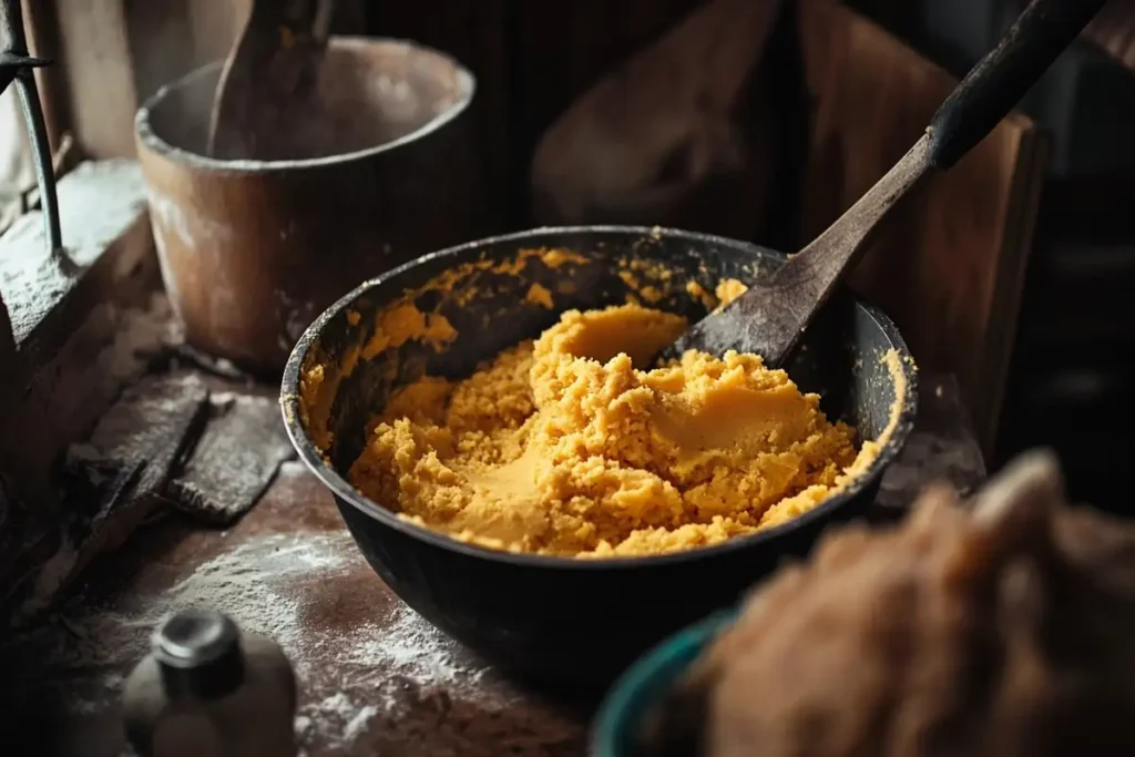 Mashed sweet potato being mixed into cornbread batter.