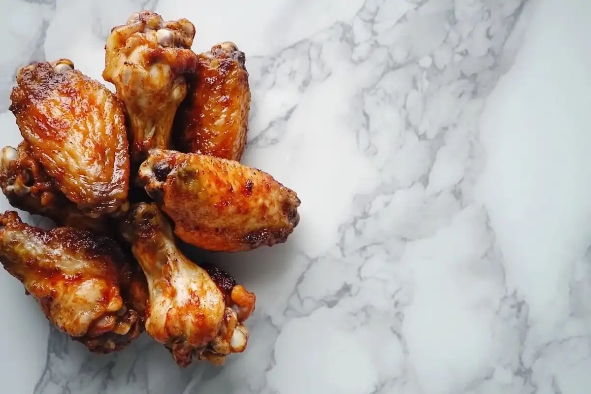 Top-down view of not-crispy air fryer wings on a marble surface.