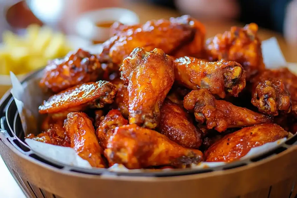 Overcrowded air fryer basket with wings.

