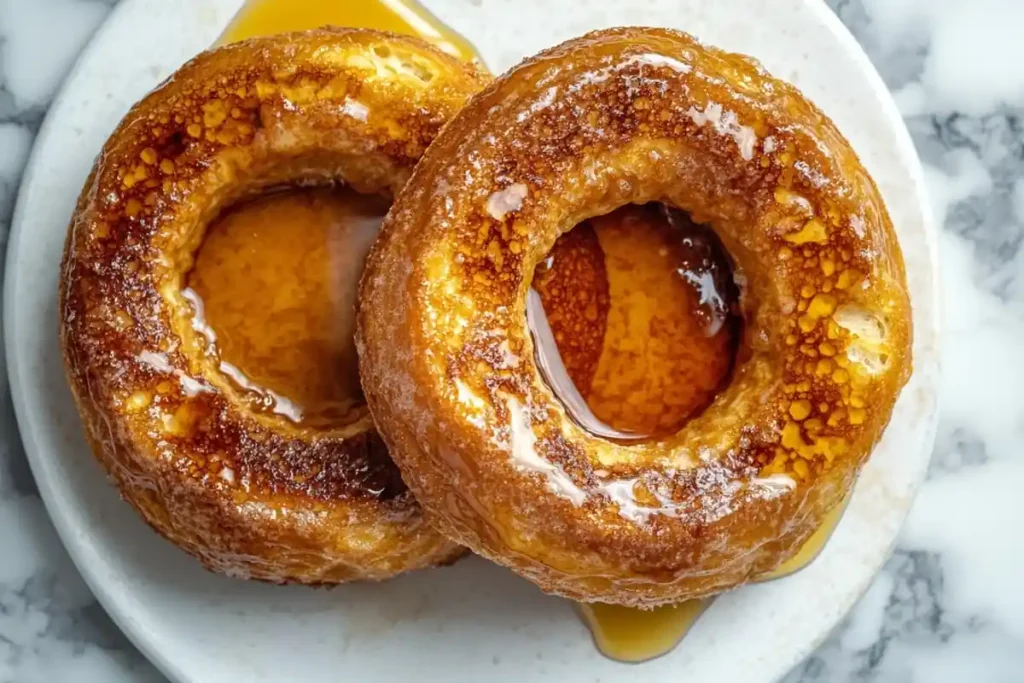 Golden french toast bagel glistening with butter and maple syrup.