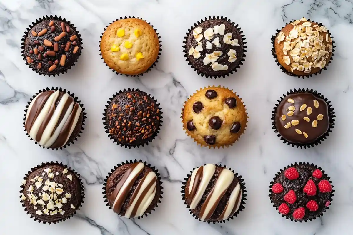 Top-down view of a variety of popular muffins arranged on a marble surface.