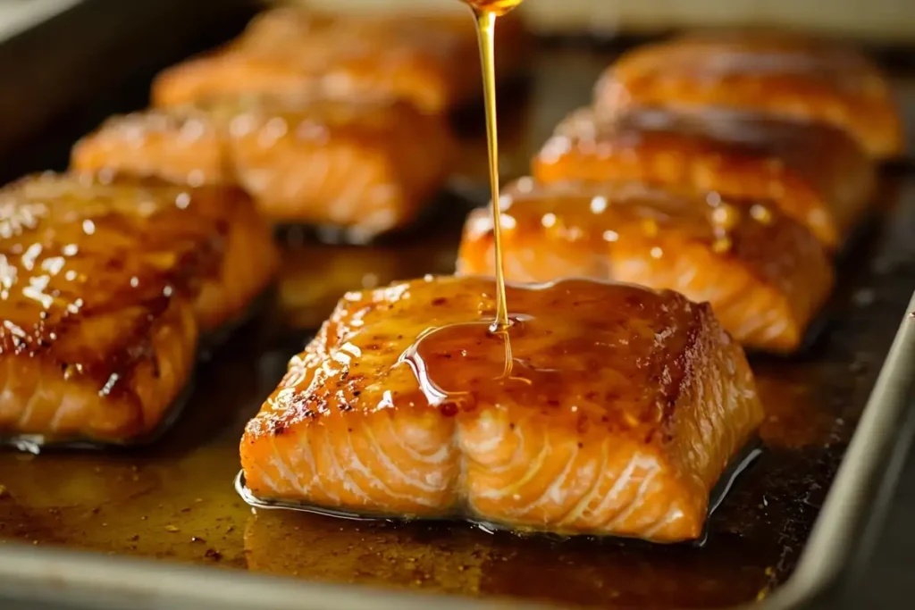 Honey being drizzled over salmon for a delicious glaze.