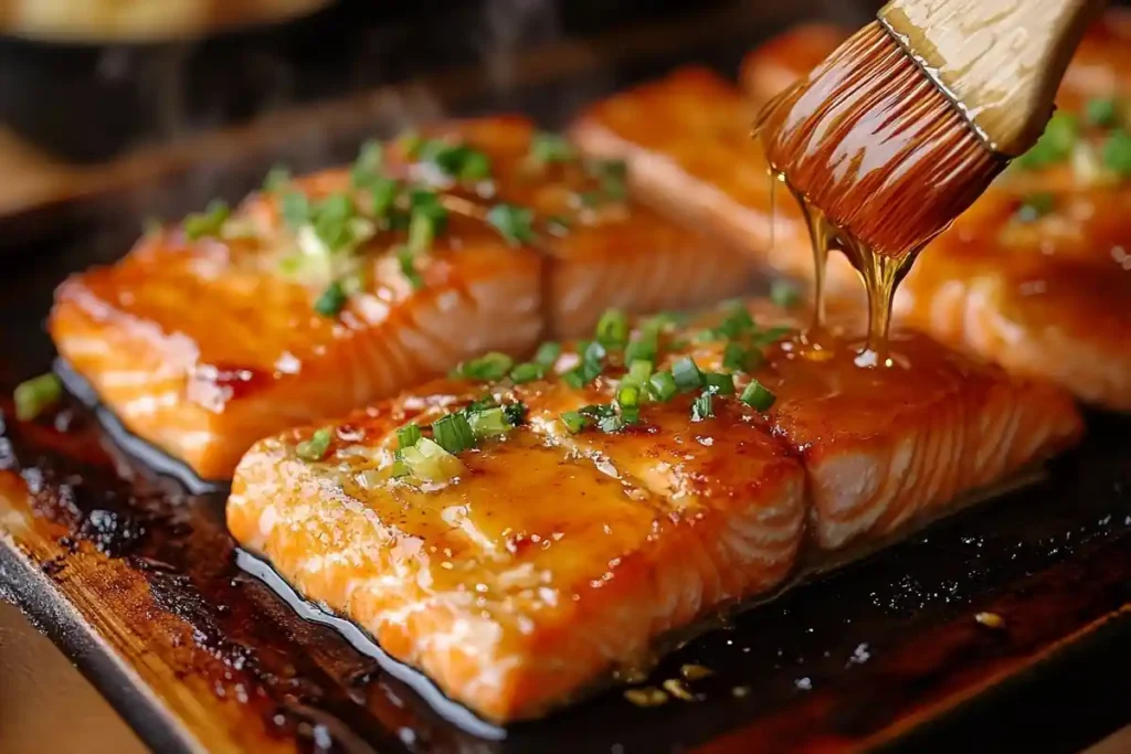  Brushing hot honey glaze on salmon fillet.