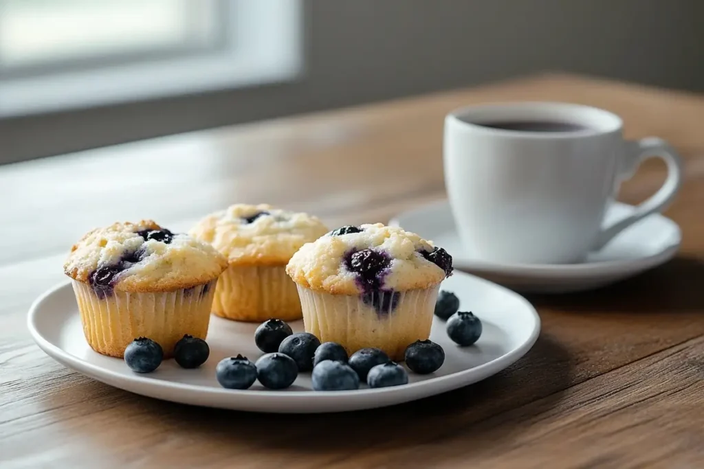 A plate of fresh cottage cheese blueberry muffins next to a cup of coffee on a wooden table.