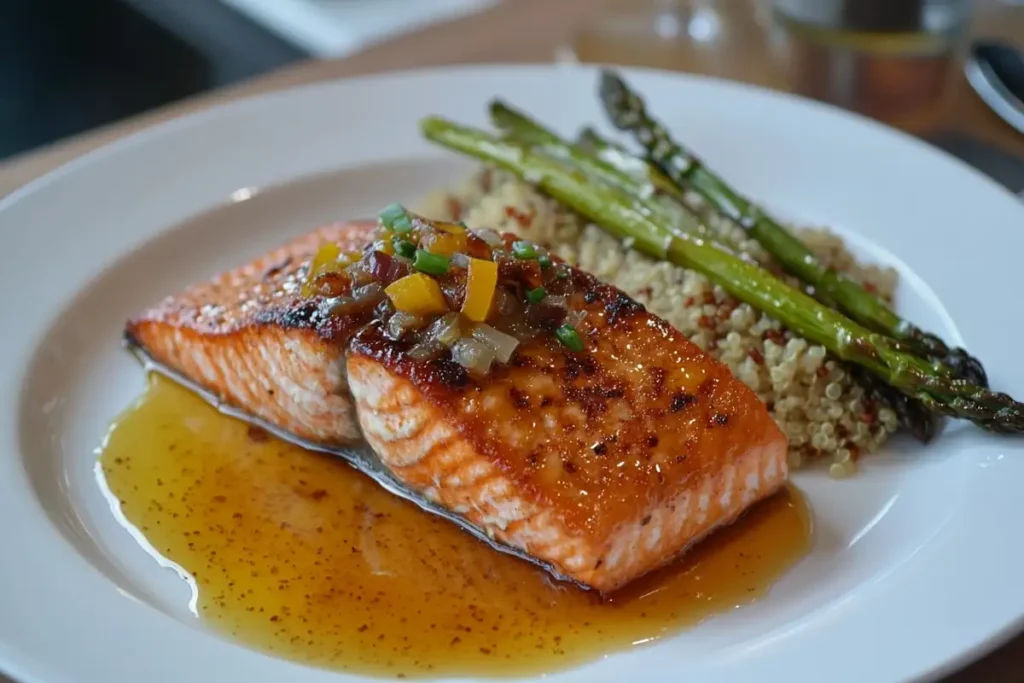 Hot honey salmon with roasted asparagus and quinoa.