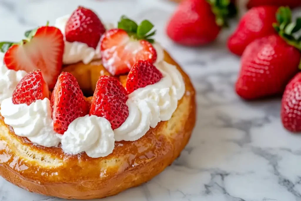 French toast bagel with strawberries and whipped cream.