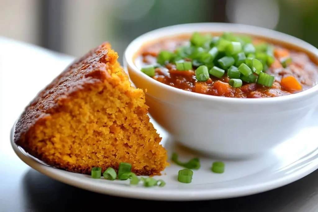 Sweet potato cornbread served with a bowl of chili.