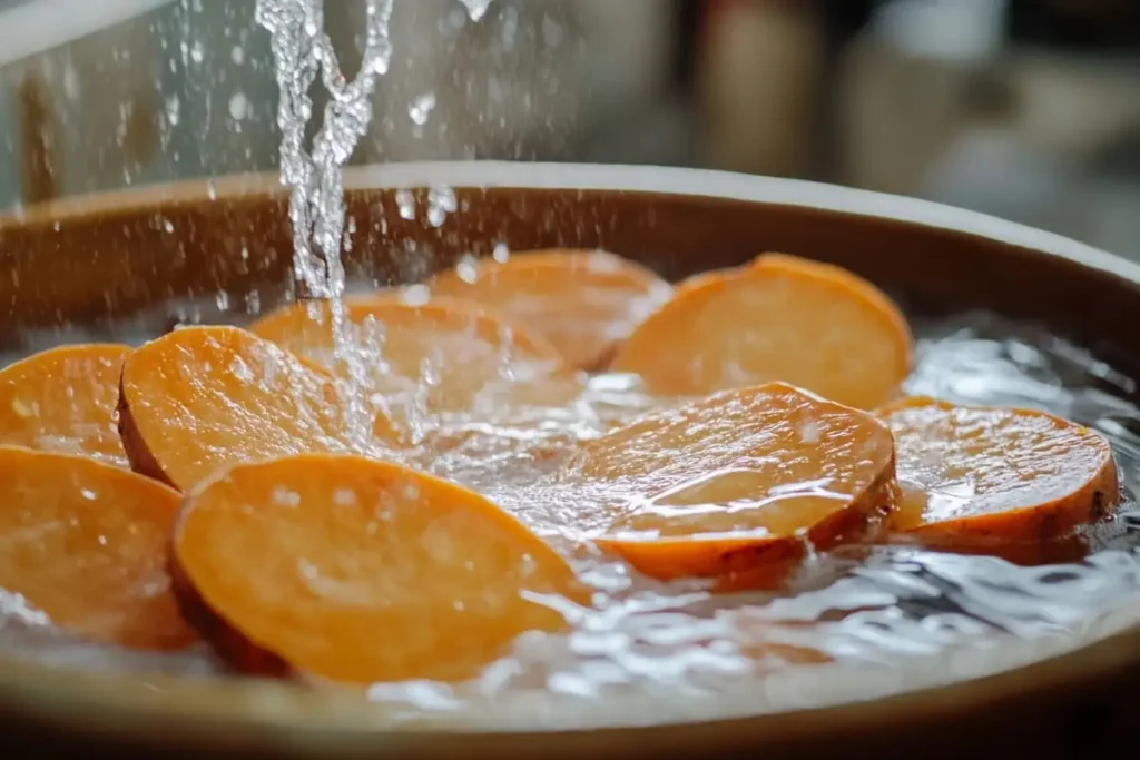 Sweet potato slices soaking in water.