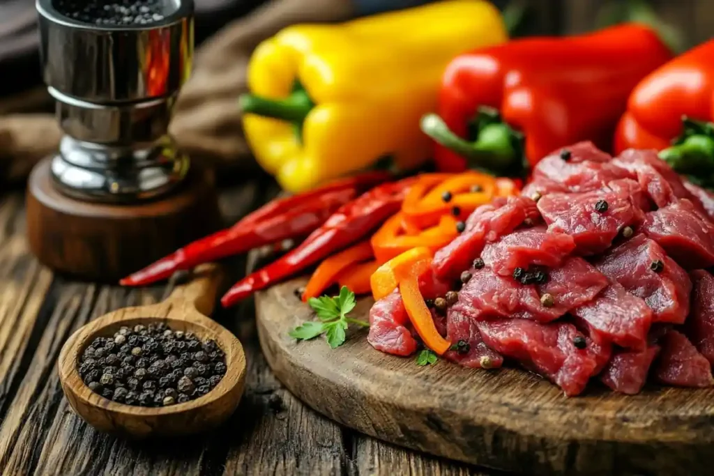  Ingredients for making black pepper beef.