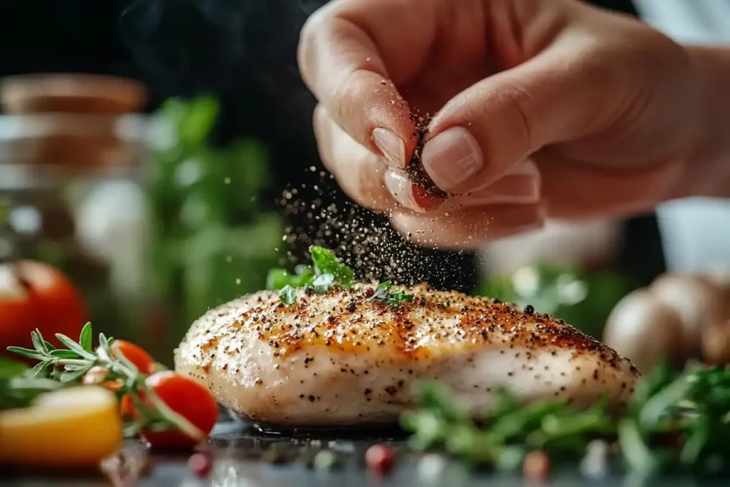 Freshly ground black pepper being sprinkled on a grilled chicken breast.