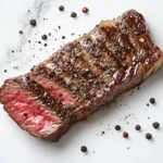 Black pepper sprinkled on a juicy steak, enhancing its flavor.